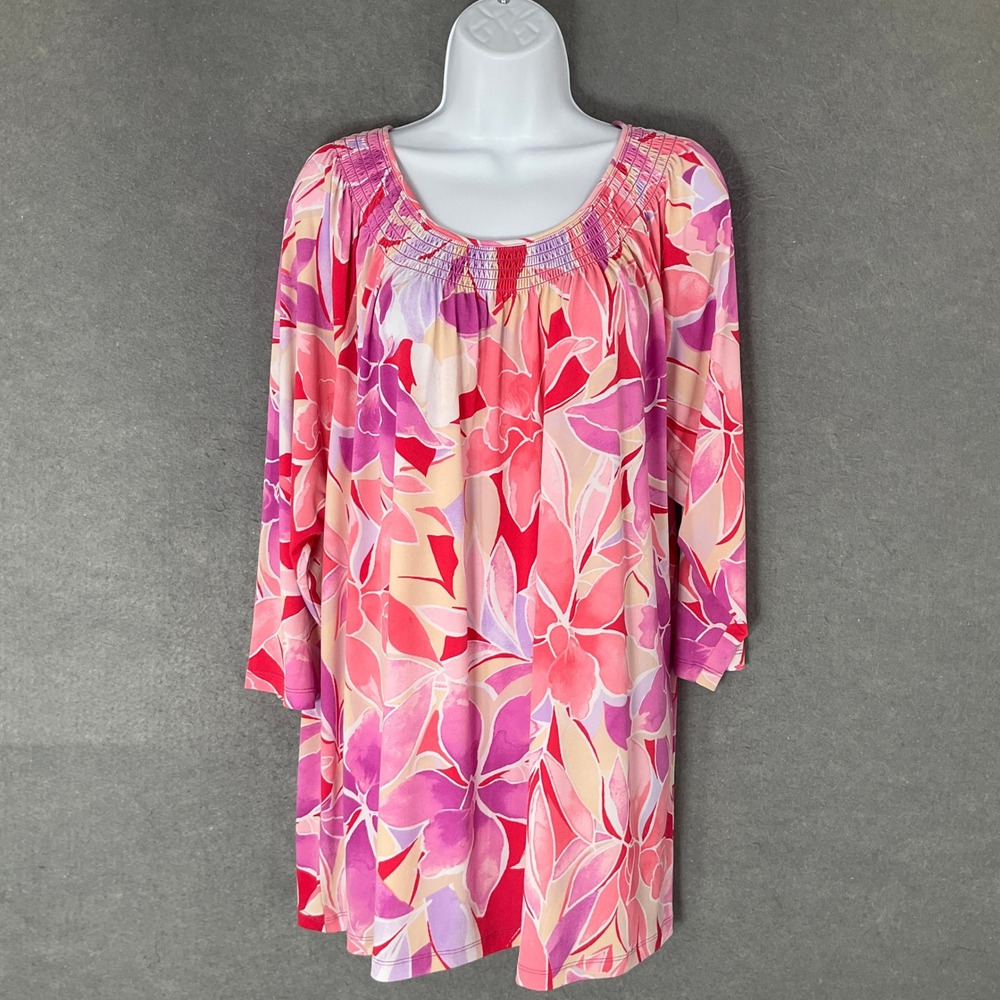 Susan Graver Top Womens 1X Floral Print Smocked Neck 3/4 Sleeve Tunic
